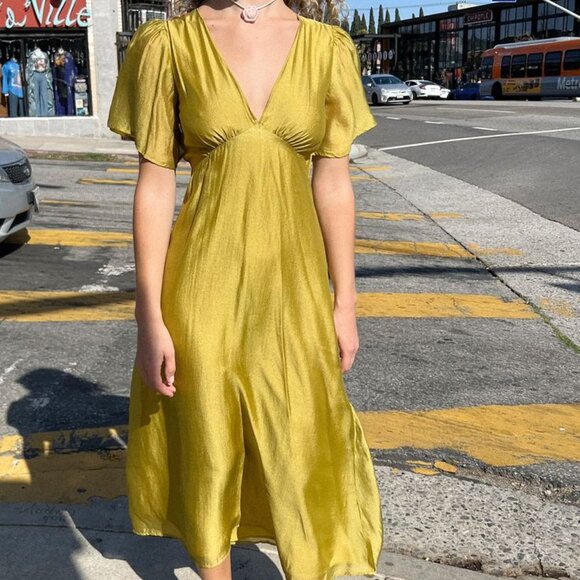 Lisa Says Gah Grace V-Neck Midi Dress in Chartreuse - Picture 6 of 6